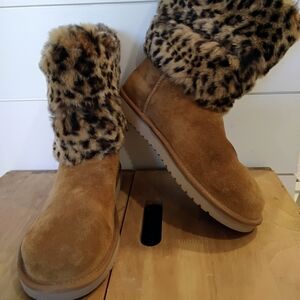 Koolaburra Tan Suede Boots with Leopard Faux Fur Cuff